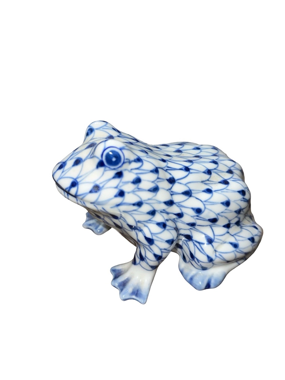 Andrea By Sadek Blue and White Fishnet Porcelain Hand Painted Figurine Frog